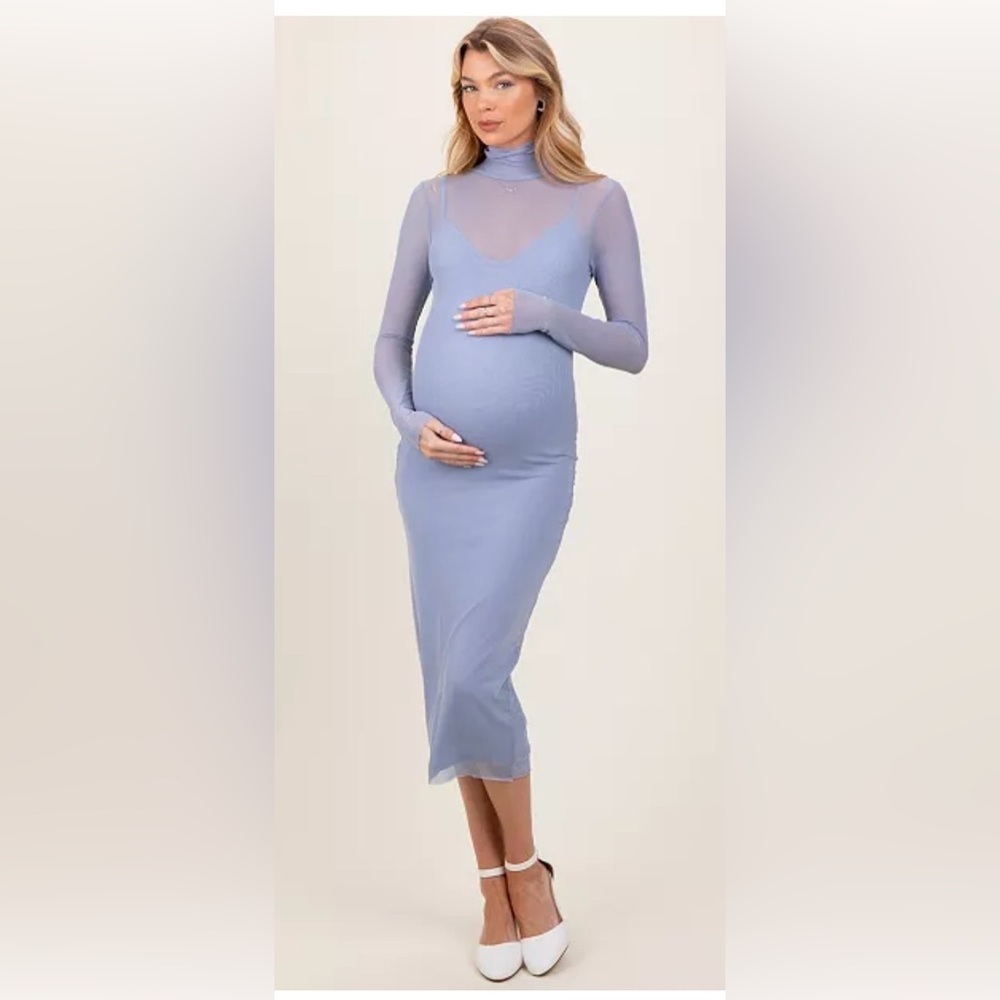 Pinkblush Mesh Overlay Fitted Midi Dress- size small light blue